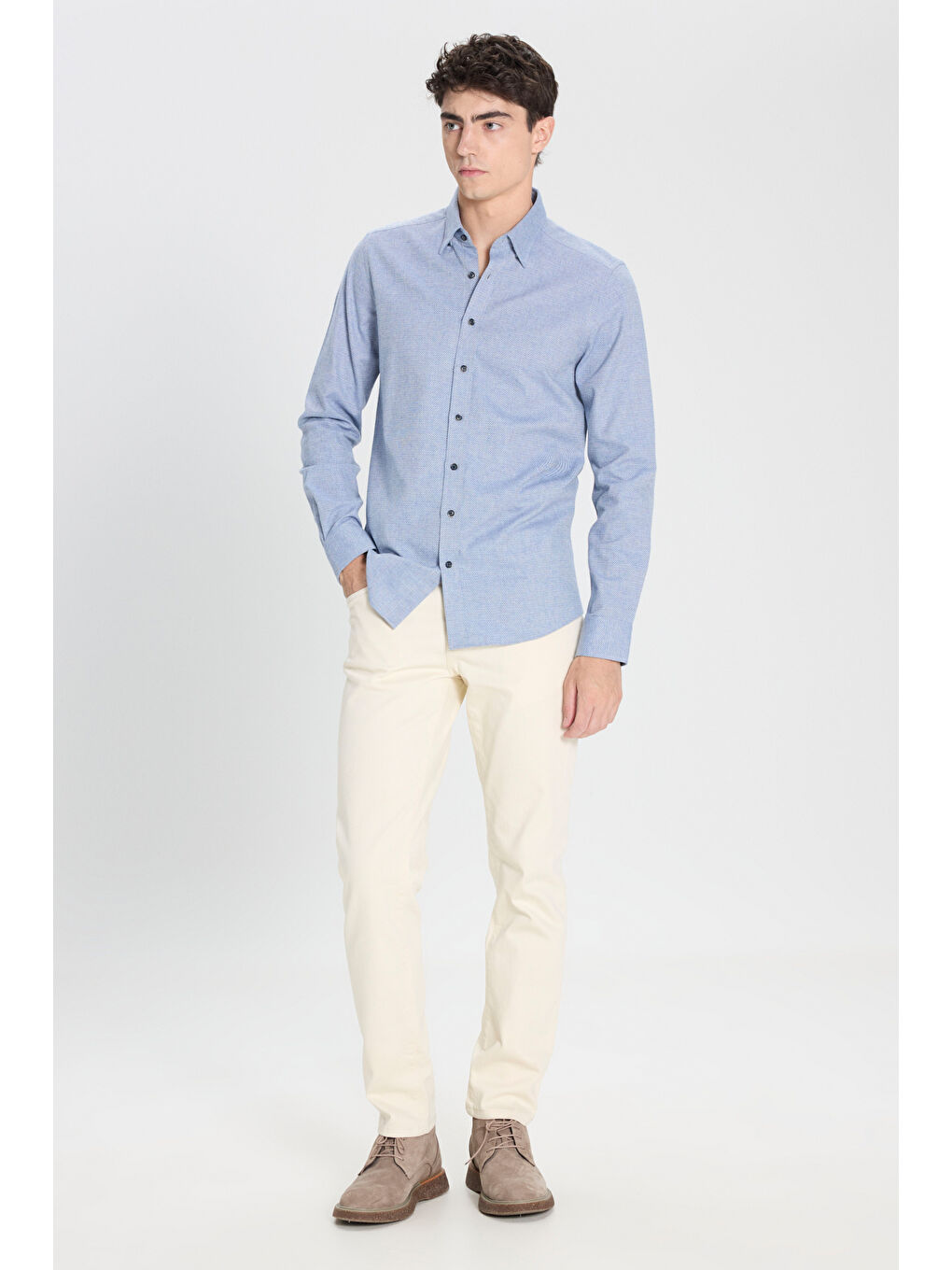 Erkek Mavi Slim Fit Dar Kesim Klasik Yaka Flanel Gömlek-2