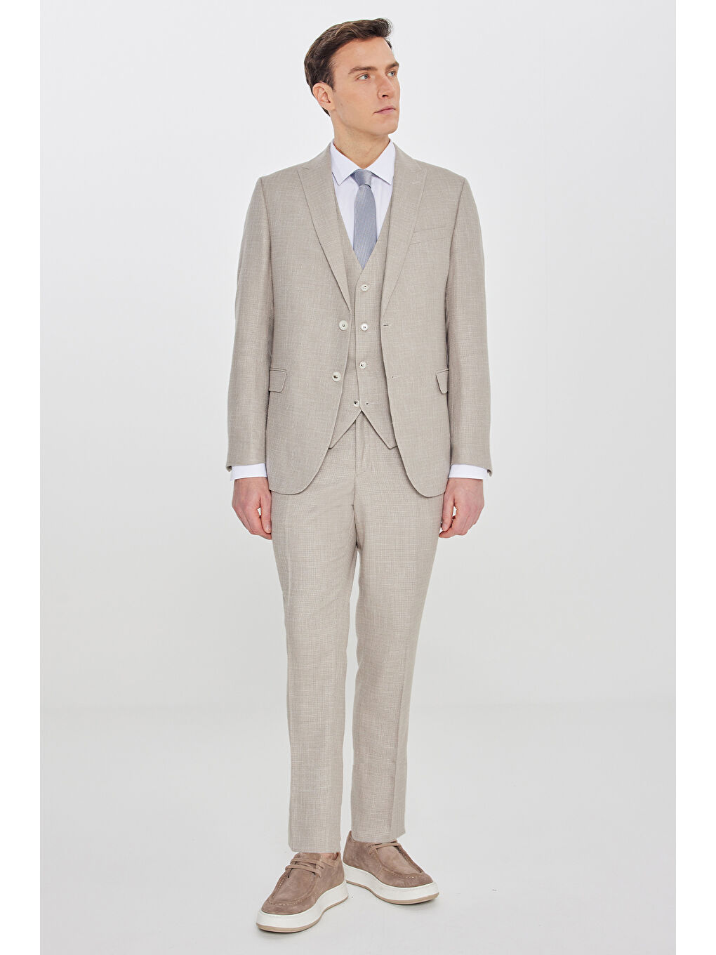 Erkek Bej Slim Fit Dar Kesim Kırlangıç Yaka Kapak Cepli Çizgili Takım Elbise