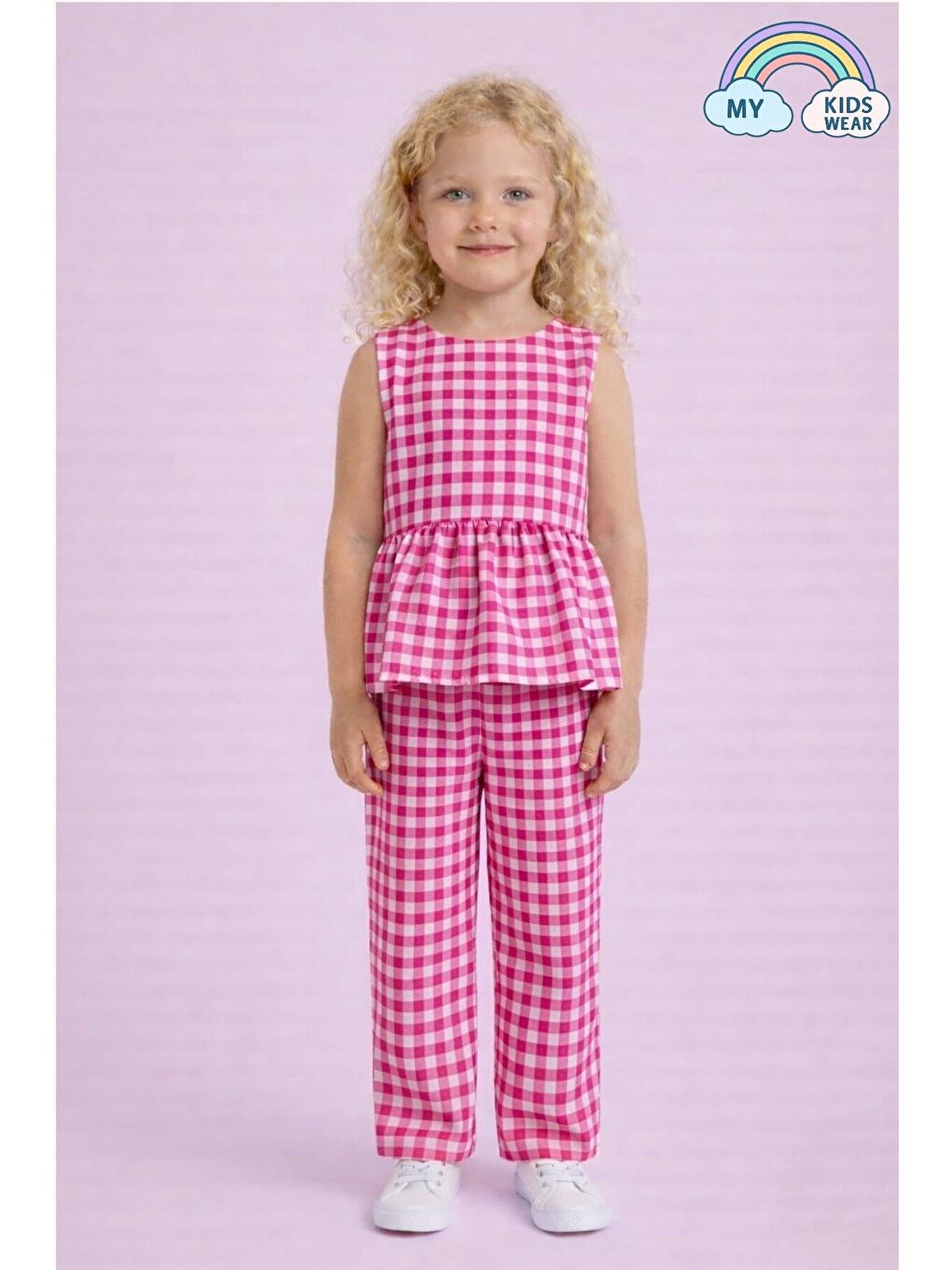 Fuşya Kız Çocuk Pötikareli Peplum Bluz ve Pantolon Takımı 12691