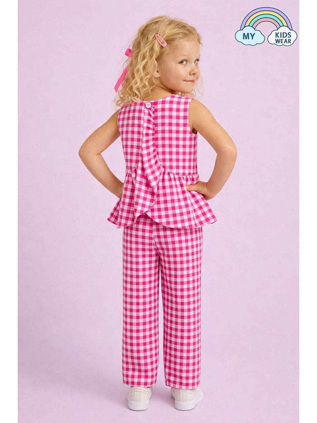 Fuşya Kız Çocuk Pötikareli Peplum Bluz ve Pantolon Takımı 12691-1