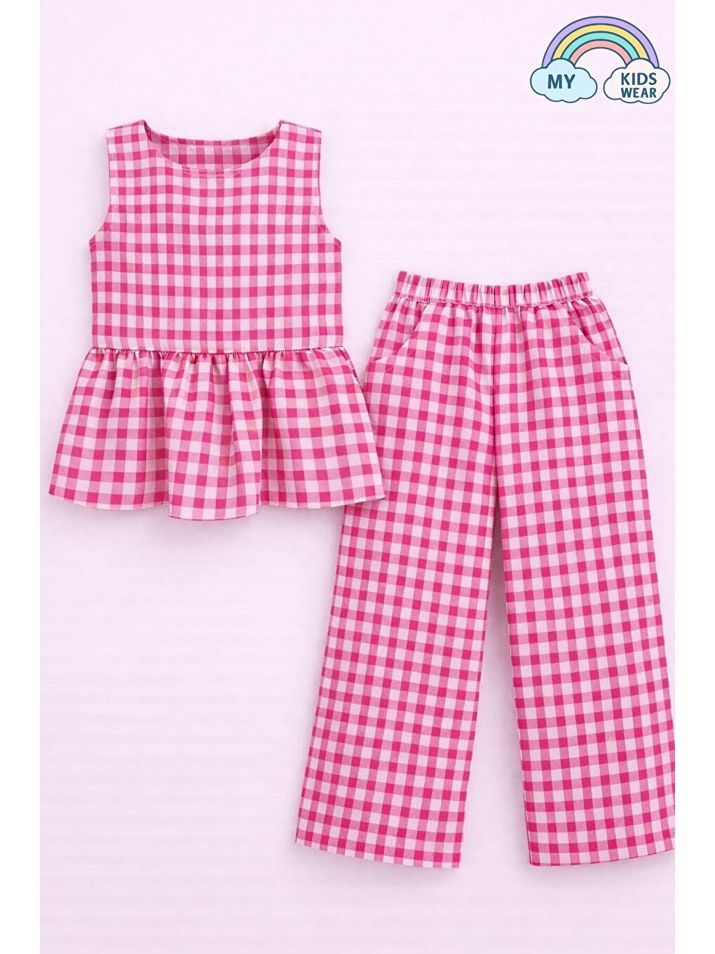 Fuşya Kız Çocuk Pötikareli Peplum Bluz ve Pantolon Takımı 12691-2