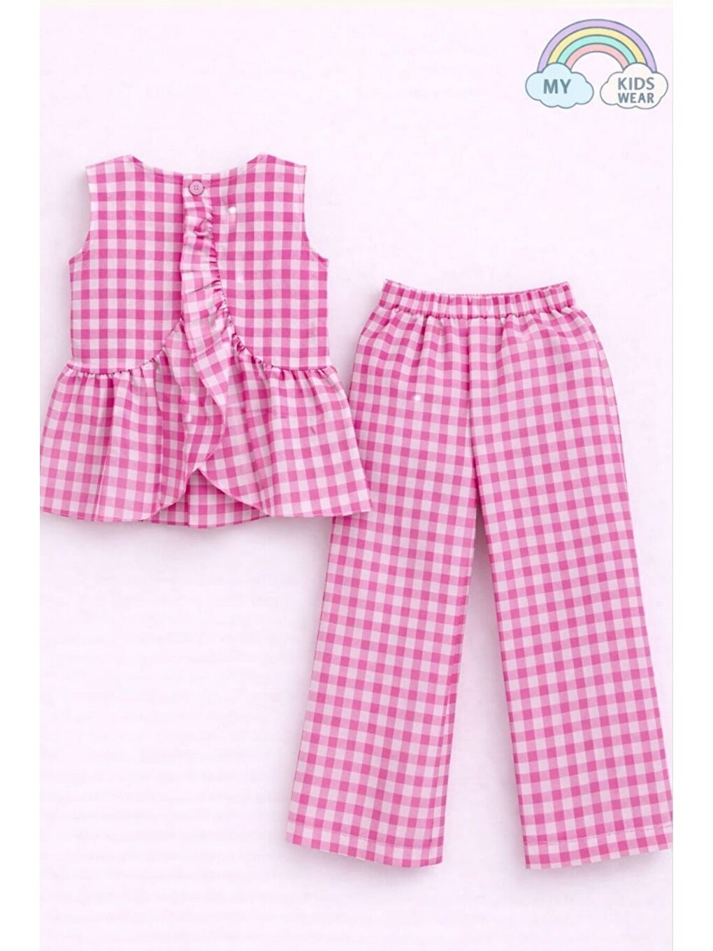 Fuşya Kız Çocuk Pötikareli Peplum Bluz ve Pantolon Takımı 12691-3