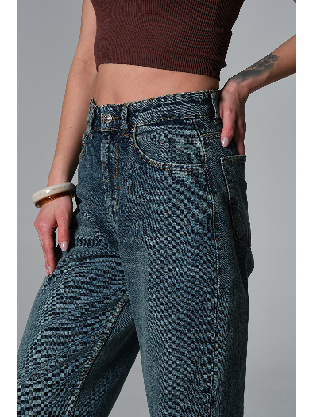 Mavi Yüksek Bel Barrel Denim %100 Pamuk kadın Jean Baggy Jean Pantolon @Barrella-1