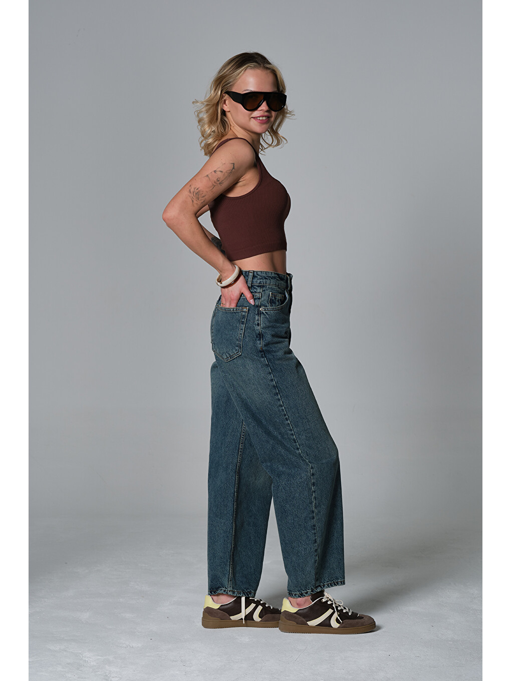 Mavi Yüksek Bel Barrel Denim %100 Pamuk kadın Jean Baggy Jean Pantolon @Barrella-2