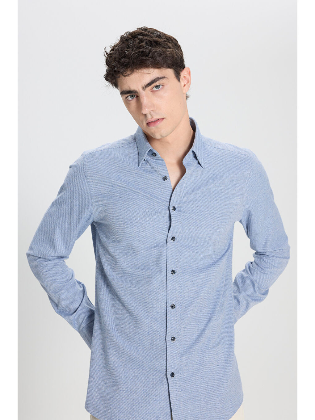 Erkek Mavi Slim Fit Dar Kesim Klasik Yaka Flanel Gömlek-4