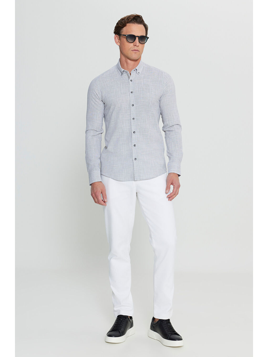 Erkek Antrasit %100 Pamuk Slim Fit Düğmeli Yaka Armürlü Flamlı Gömlek-1