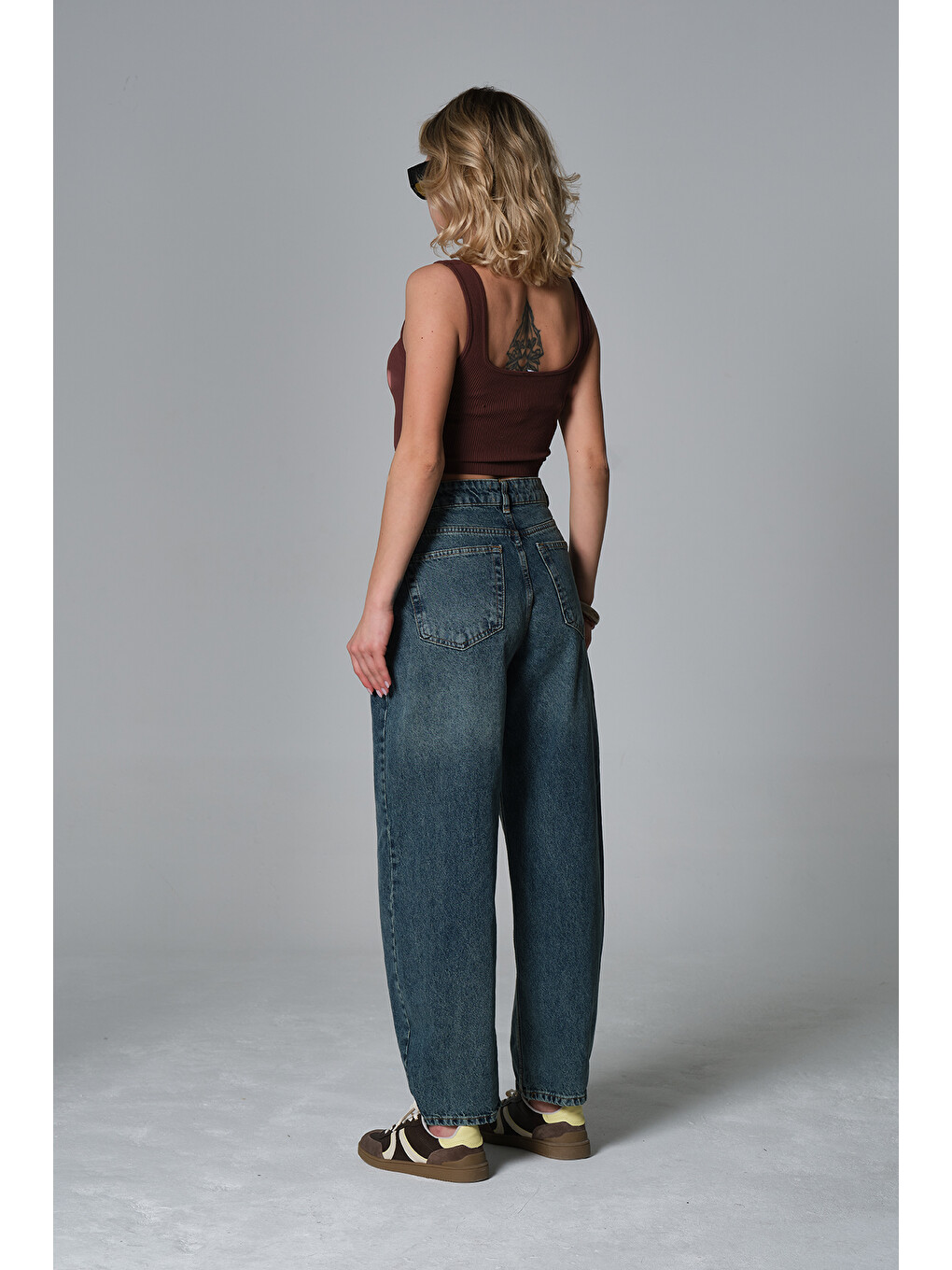 Mavi Yüksek Bel Barrel Denim %100 Pamuk kadın Jean Baggy Jean Pantolon @Barrella-5
