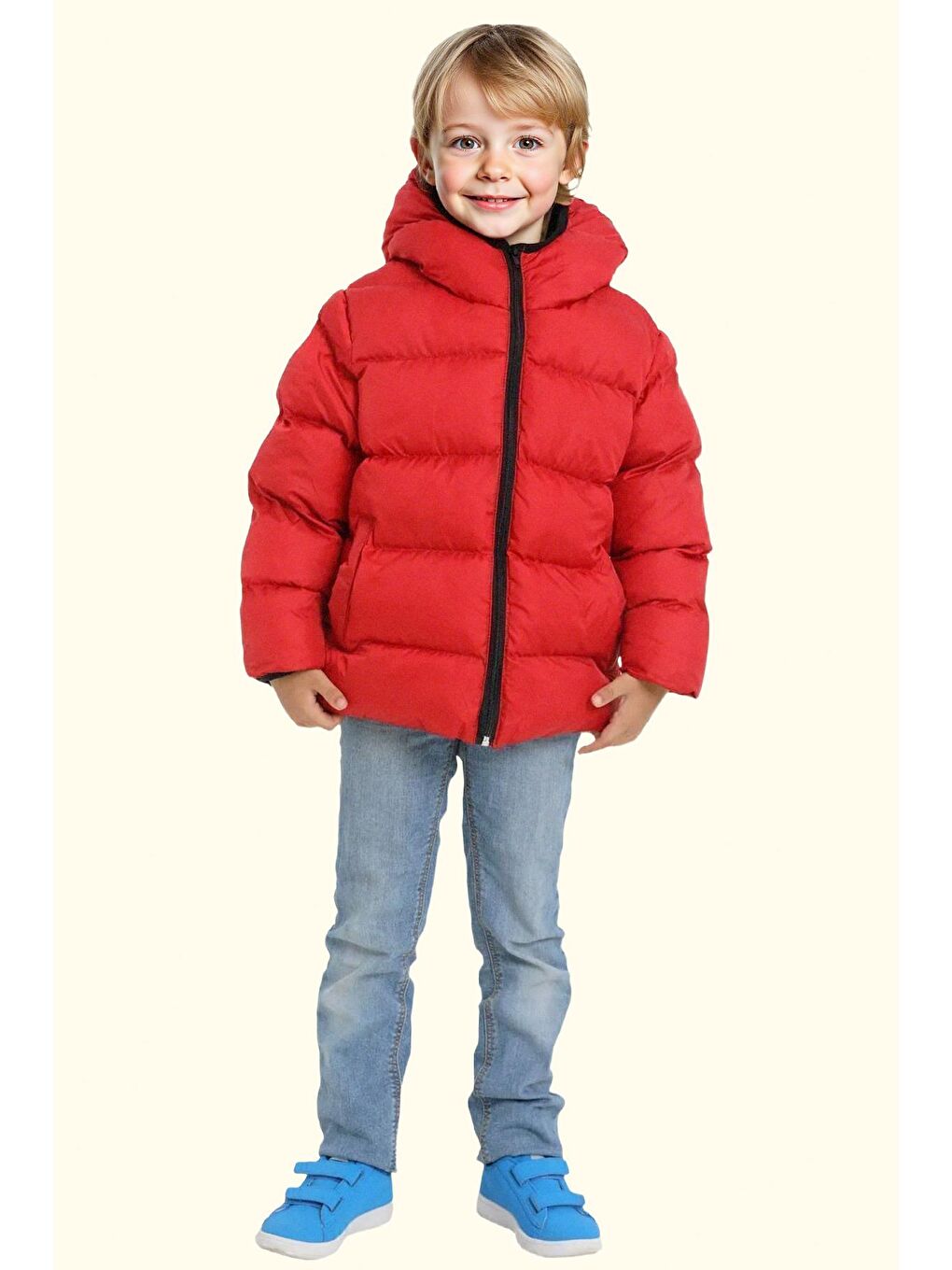 Kırmızı Erkek Çocuk Polarlı Kapüşonlu Su Geçirmez Rüzgara Dayanıklı Şişme Kışlık Mont-1