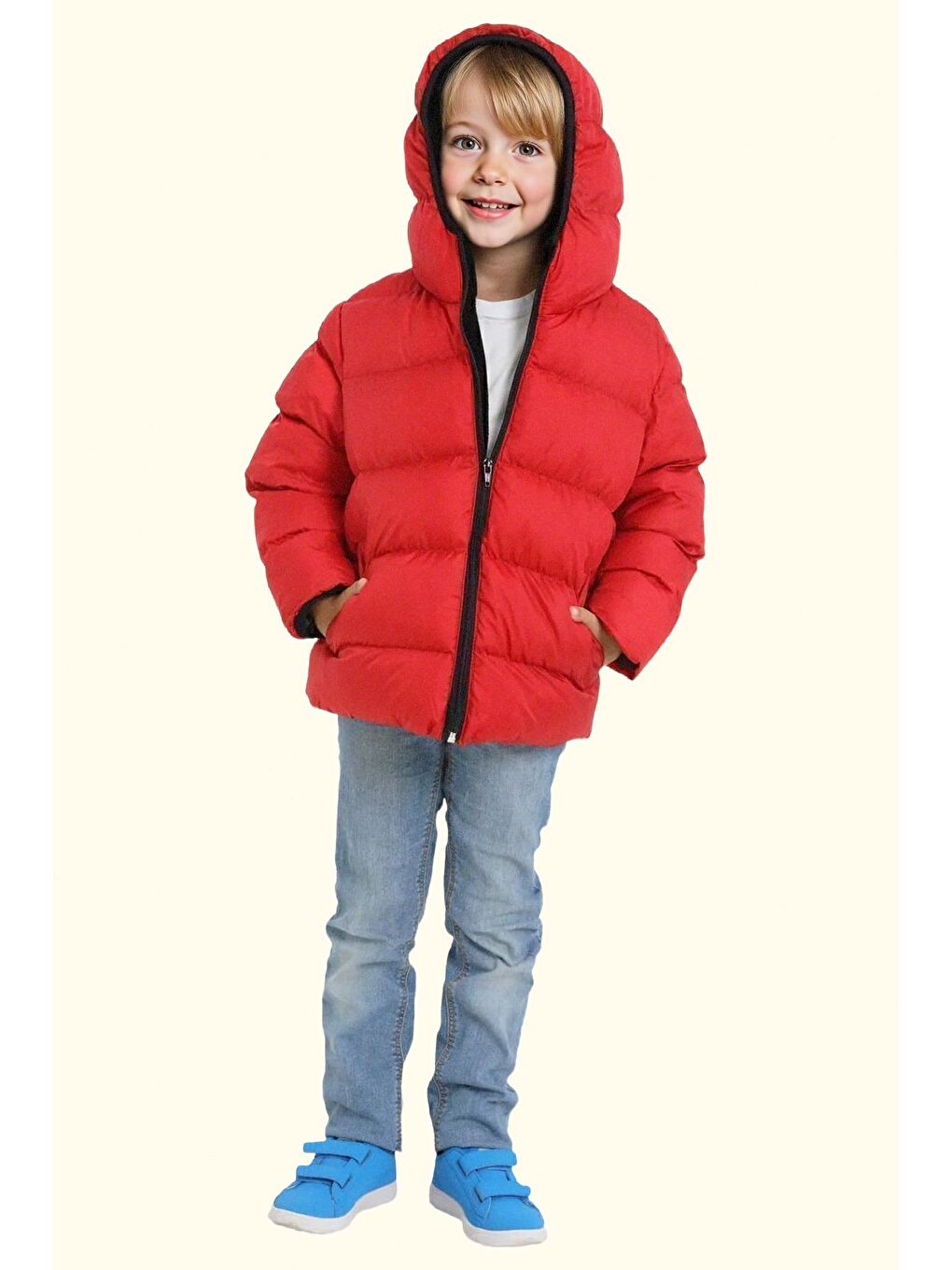 Kırmızı Erkek Çocuk Polarlı Kapüşonlu Su Geçirmez Rüzgara Dayanıklı Şişme Kışlık Mont-2