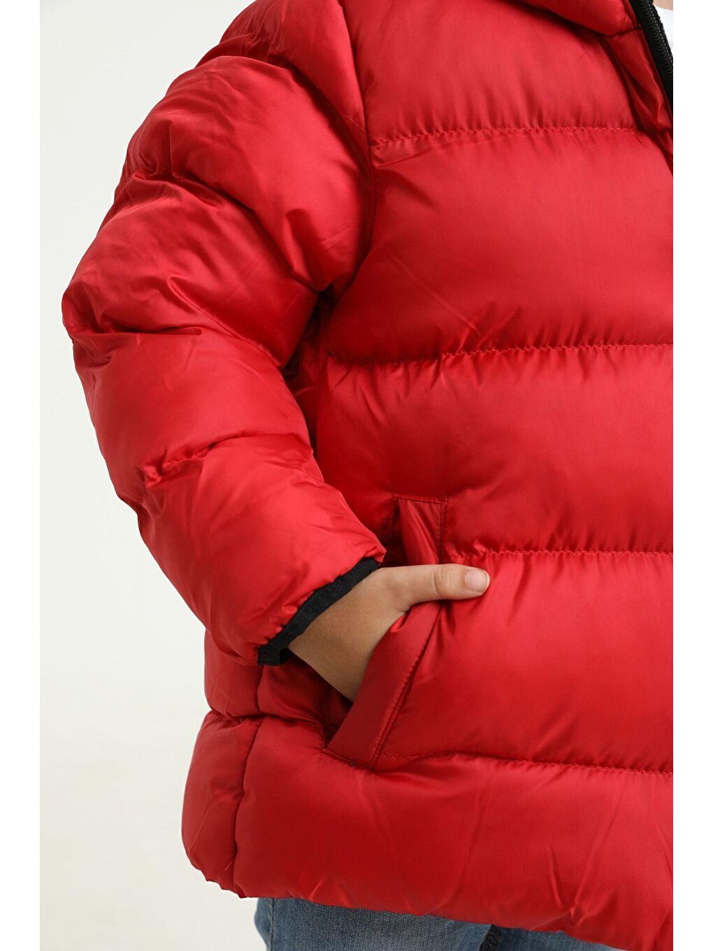 Kırmızı Erkek Çocuk Polarlı Kapüşonlu Su Geçirmez Rüzgara Dayanıklı Şişme Kışlık Mont-3