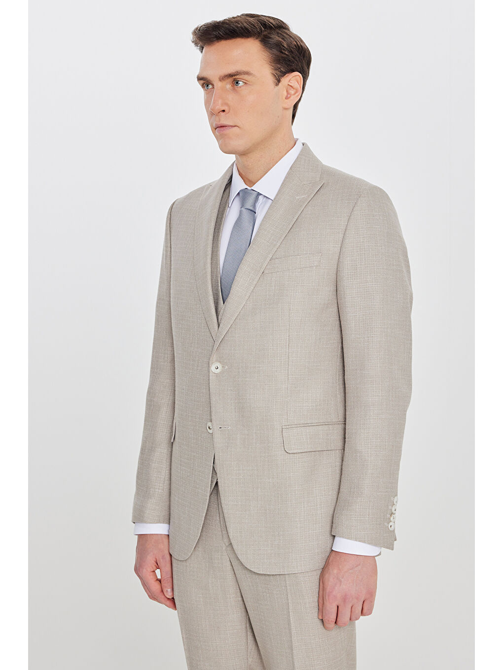 Erkek Bej Slim Fit Dar Kesim Kırlangıç Yaka Kapak Cepli Çizgili Takım Elbise-1