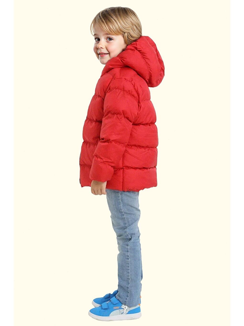 Kırmızı Erkek Çocuk Polarlı Kapüşonlu Su Geçirmez Rüzgara Dayanıklı Şişme Kışlık Mont-4
