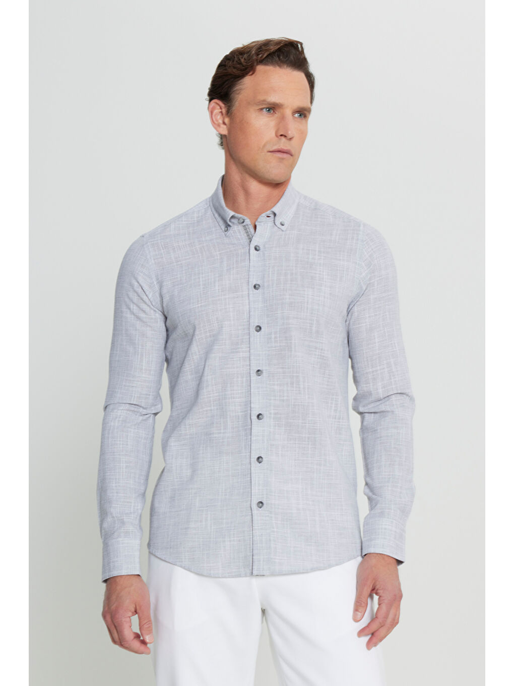 Erkek Antrasit %100 Pamuk Slim Fit Düğmeli Yaka Armürlü Flamlı Gömlek-2