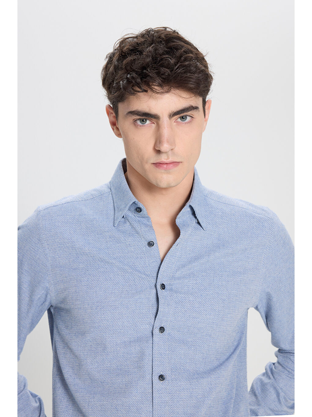 Erkek Mavi Slim Fit Dar Kesim Klasik Yaka Flanel Gömlek-5
