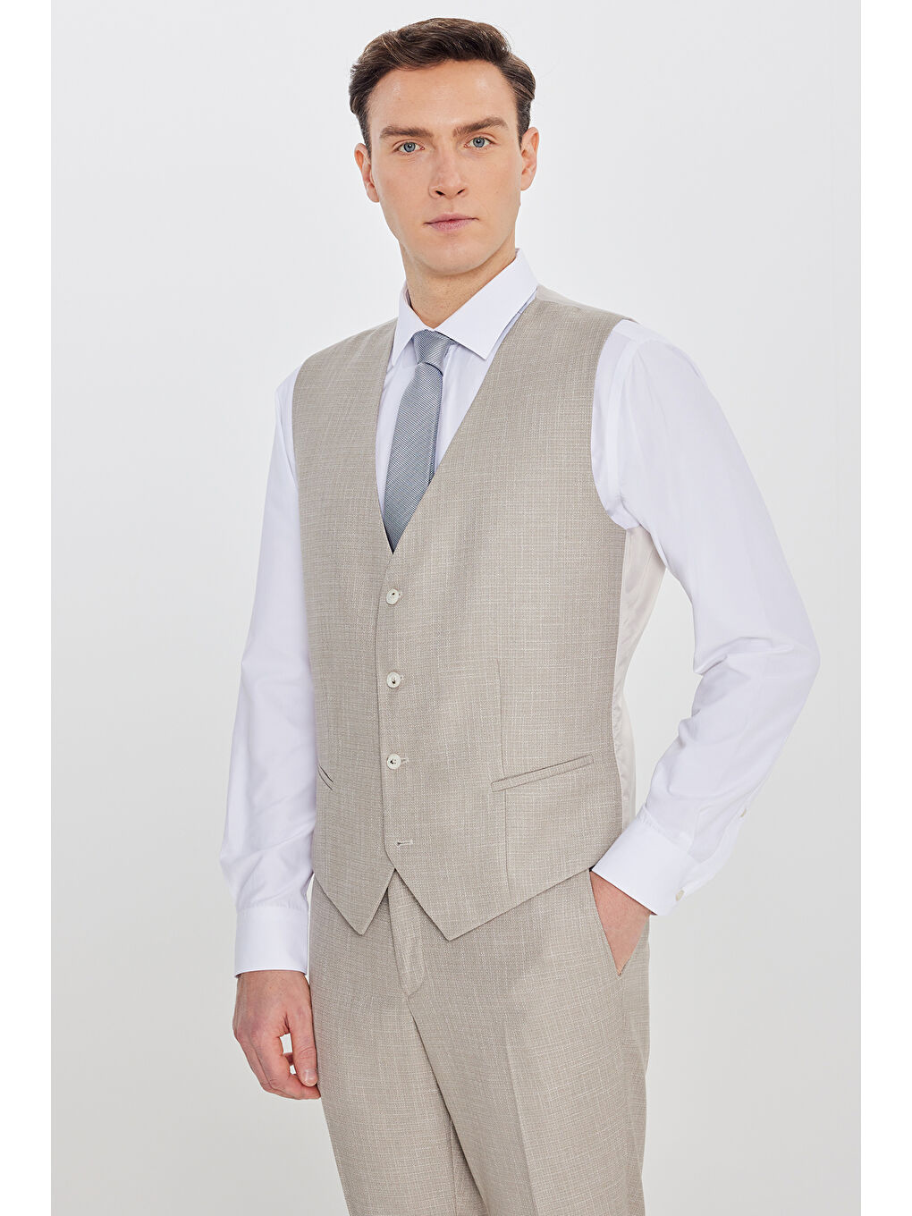 Erkek Bej Slim Fit Dar Kesim Kırlangıç Yaka Kapak Cepli Çizgili Takım Elbise-2