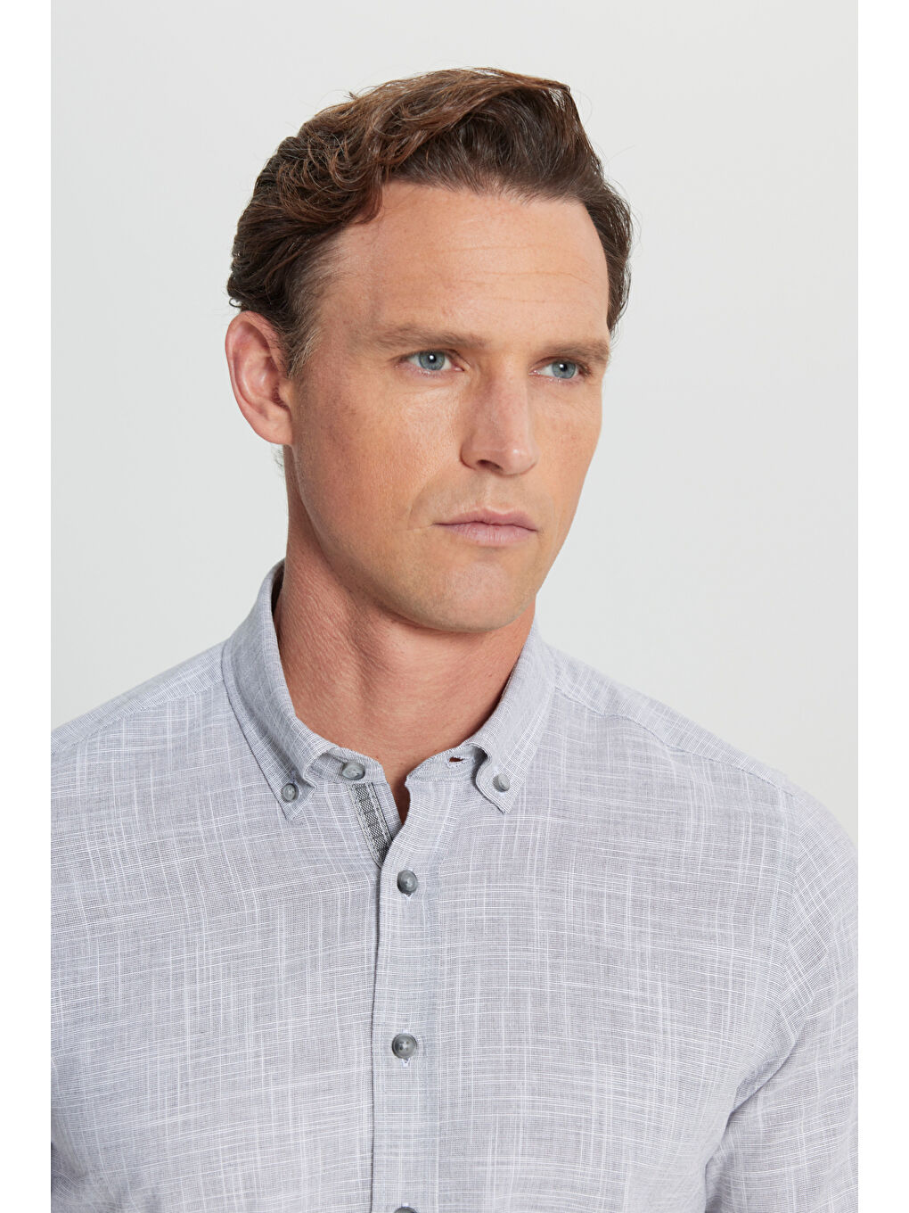 Erkek Antrasit %100 Pamuk Slim Fit Düğmeli Yaka Armürlü Flamlı Gömlek-3