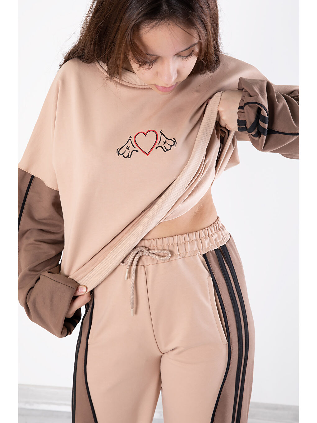 Bej Yanları Çizgili Kız Çocuk 2'li Takım 20101-2