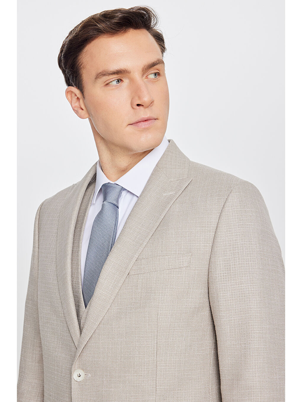 Erkek Bej Slim Fit Dar Kesim Kırlangıç Yaka Kapak Cepli Çizgili Takım Elbise-3