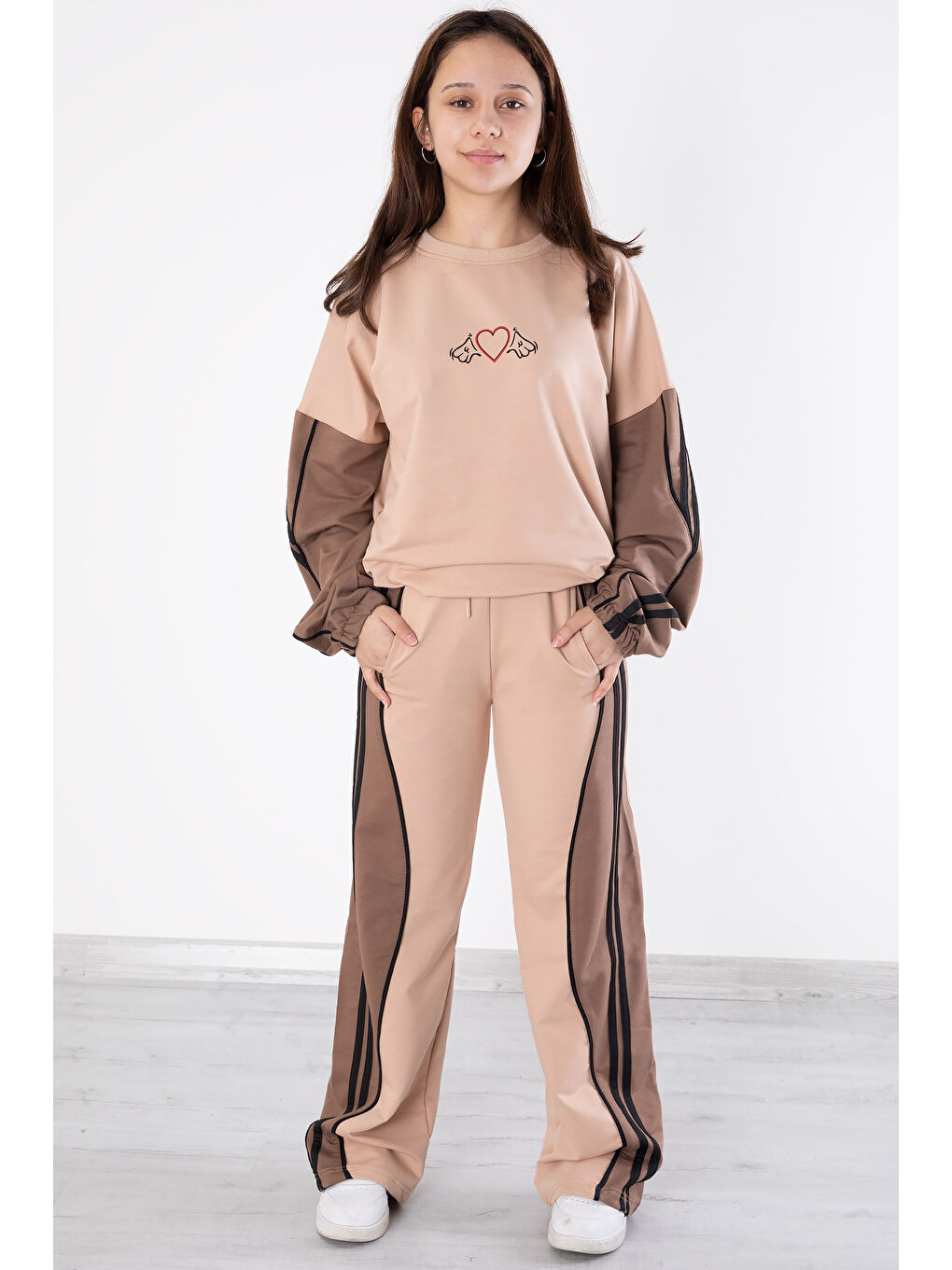 Bej Yanları Çizgili Kız Çocuk 2'li Takım 20101-3