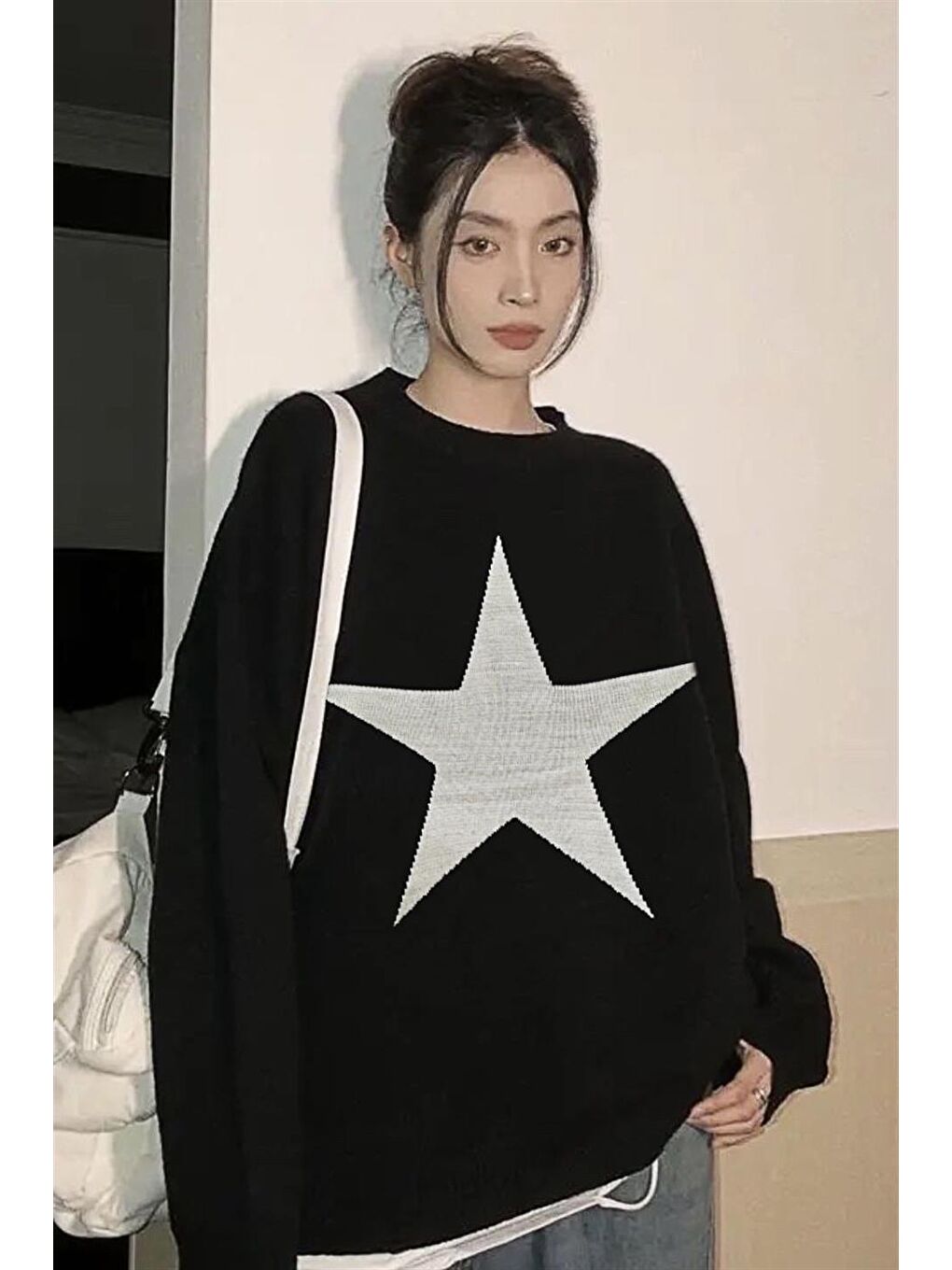 Touz Moda Siyah Y2K Streetwear Star Oversize Unisex Siyah Kazak