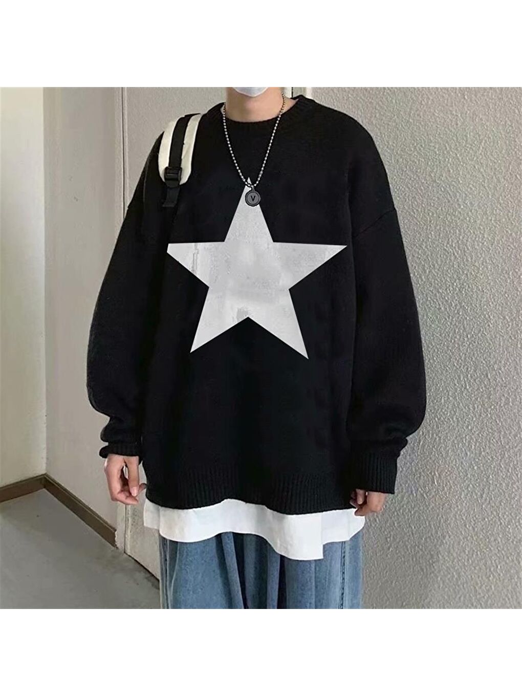 Touz Moda Siyah Y2K Streetwear Star Oversize Unisex Siyah Kazak - 1