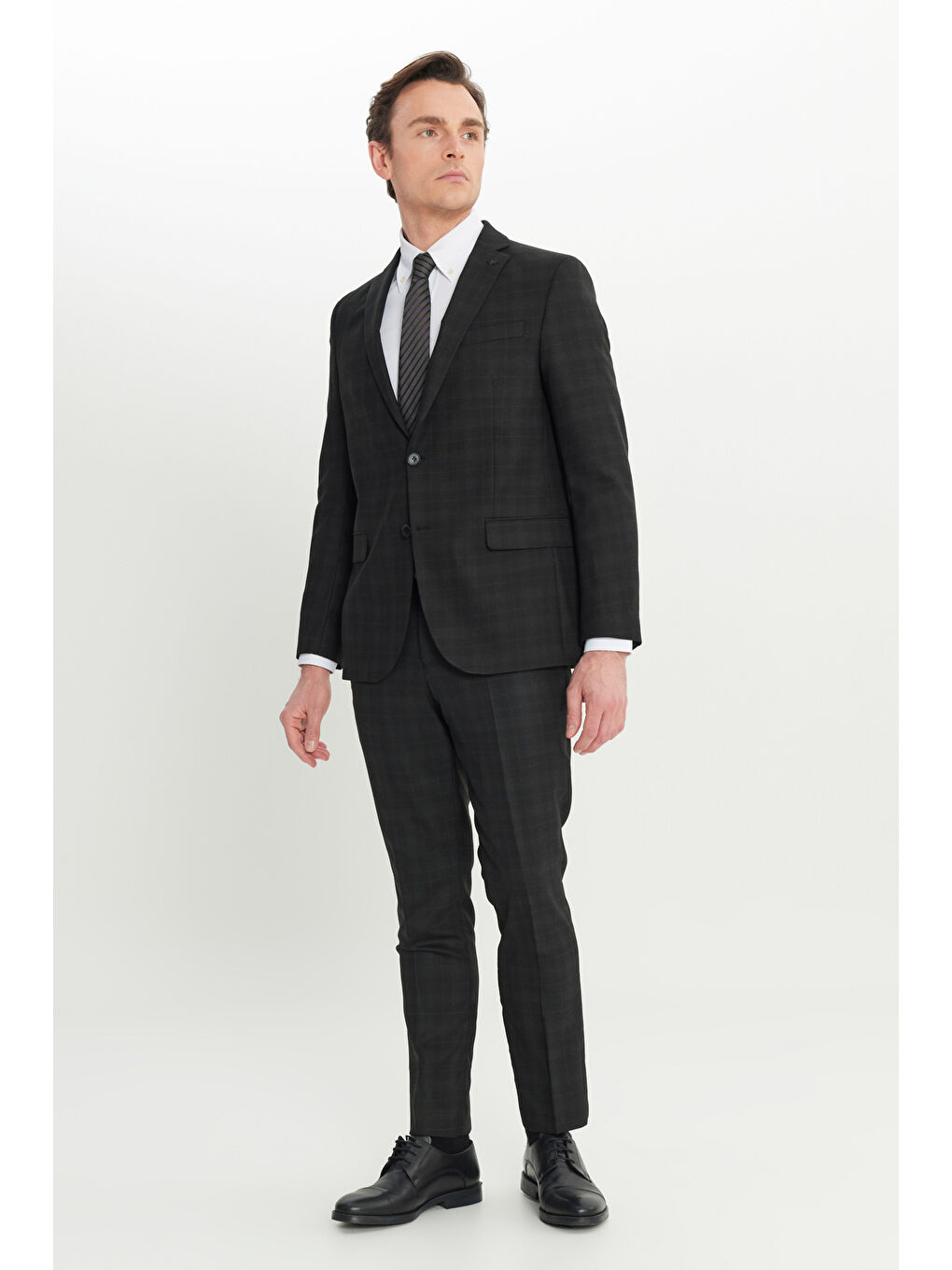 Erkek Siyah-Gri Yün Slim Fit Dar Kesim Mono Yaka Kapak Cepli Kareli Esnek Takım Elbise-1