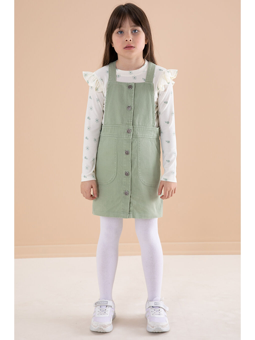 Yeşil Çiçek Desenli Badili 2li Kız Çocuk Salopet Takım 20182-1