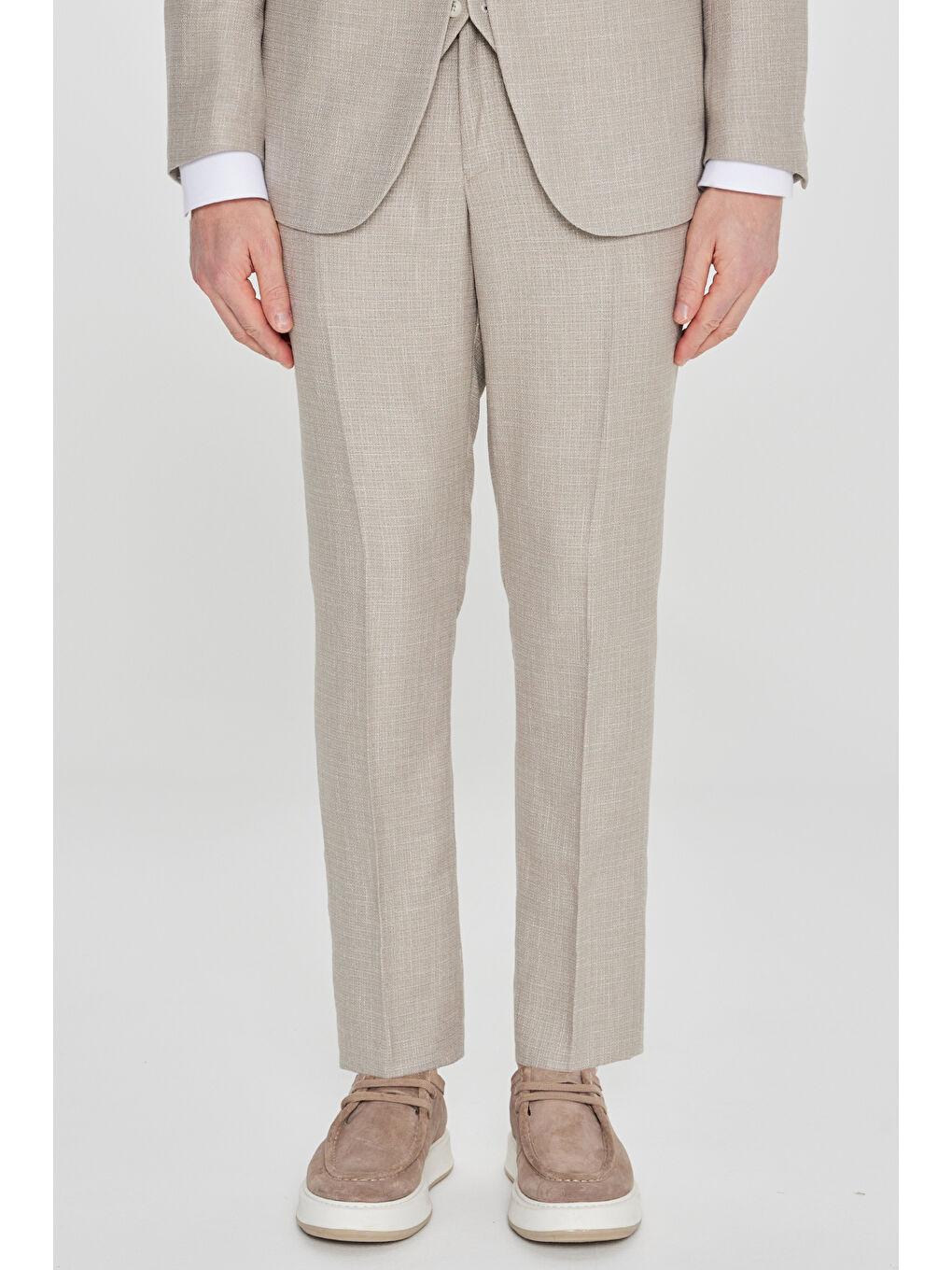 Erkek Bej Slim Fit Dar Kesim Kırlangıç Yaka Kapak Cepli Çizgili Takım Elbise-5