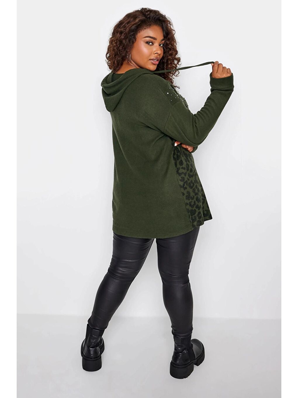 Haki Büyük Beden V Yaka Kapüşonlu Taş Detaylı Leopar Desenli Sweatshirt 285009-4