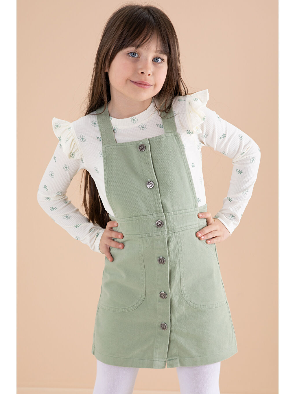 Yeşil Çiçek Desenli Badili 2li Kız Çocuk Salopet Takım 20182-2