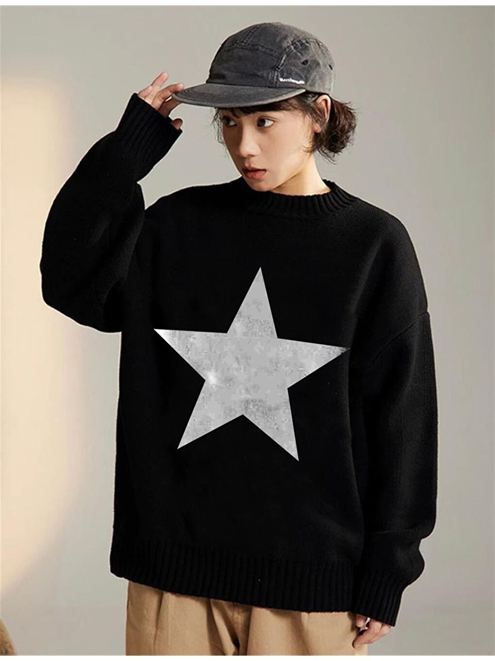 Touz Moda Siyah Y2K Streetwear Star Oversize Unisex Siyah Kazak - 2