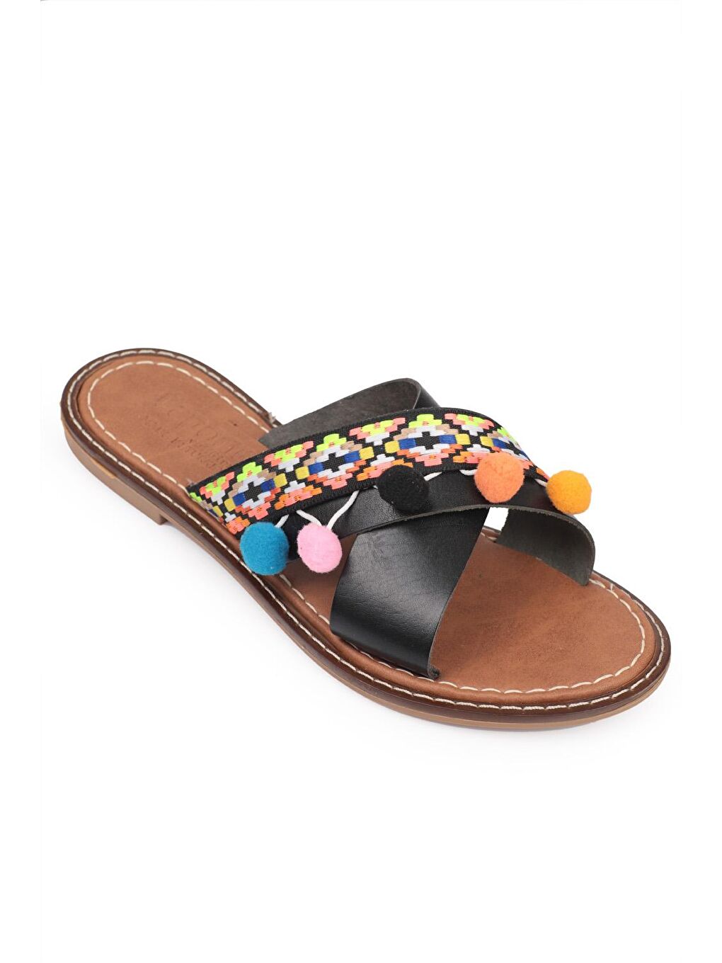 Siyah 8084 Hakiki Deri Ponponlu Kadın Terlik-1