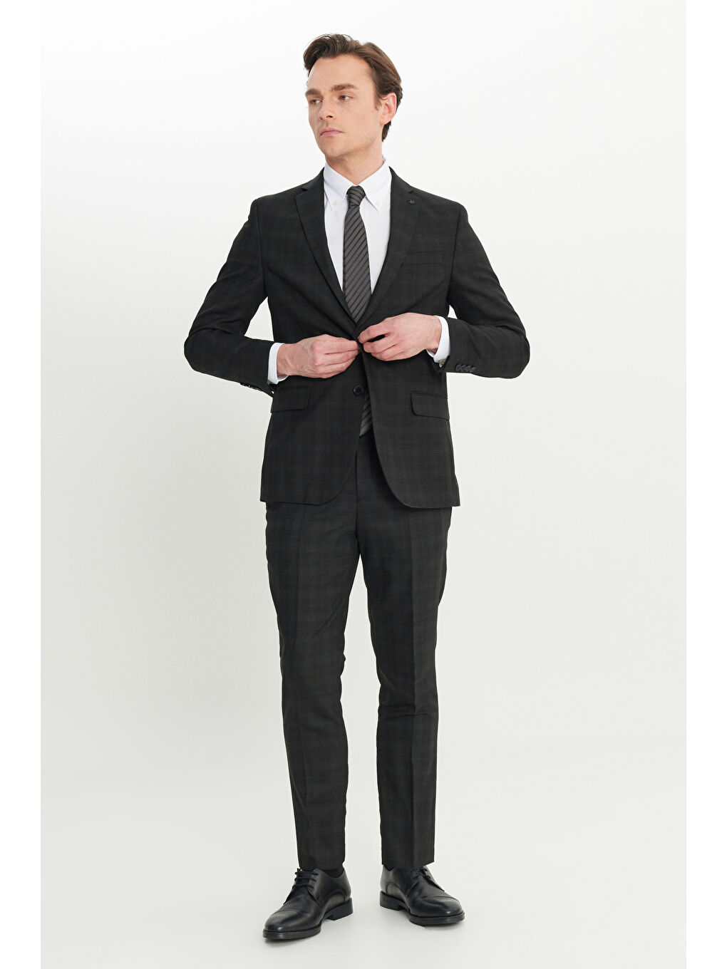 Erkek Siyah-Gri Yün Slim Fit Dar Kesim Mono Yaka Kapak Cepli Kareli Esnek Takım Elbise-3