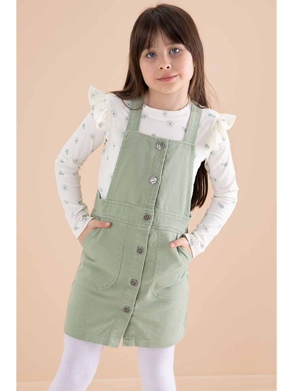 Yeşil Çiçek Desenli Badili 2li Kız Çocuk Salopet Takım 20182-3