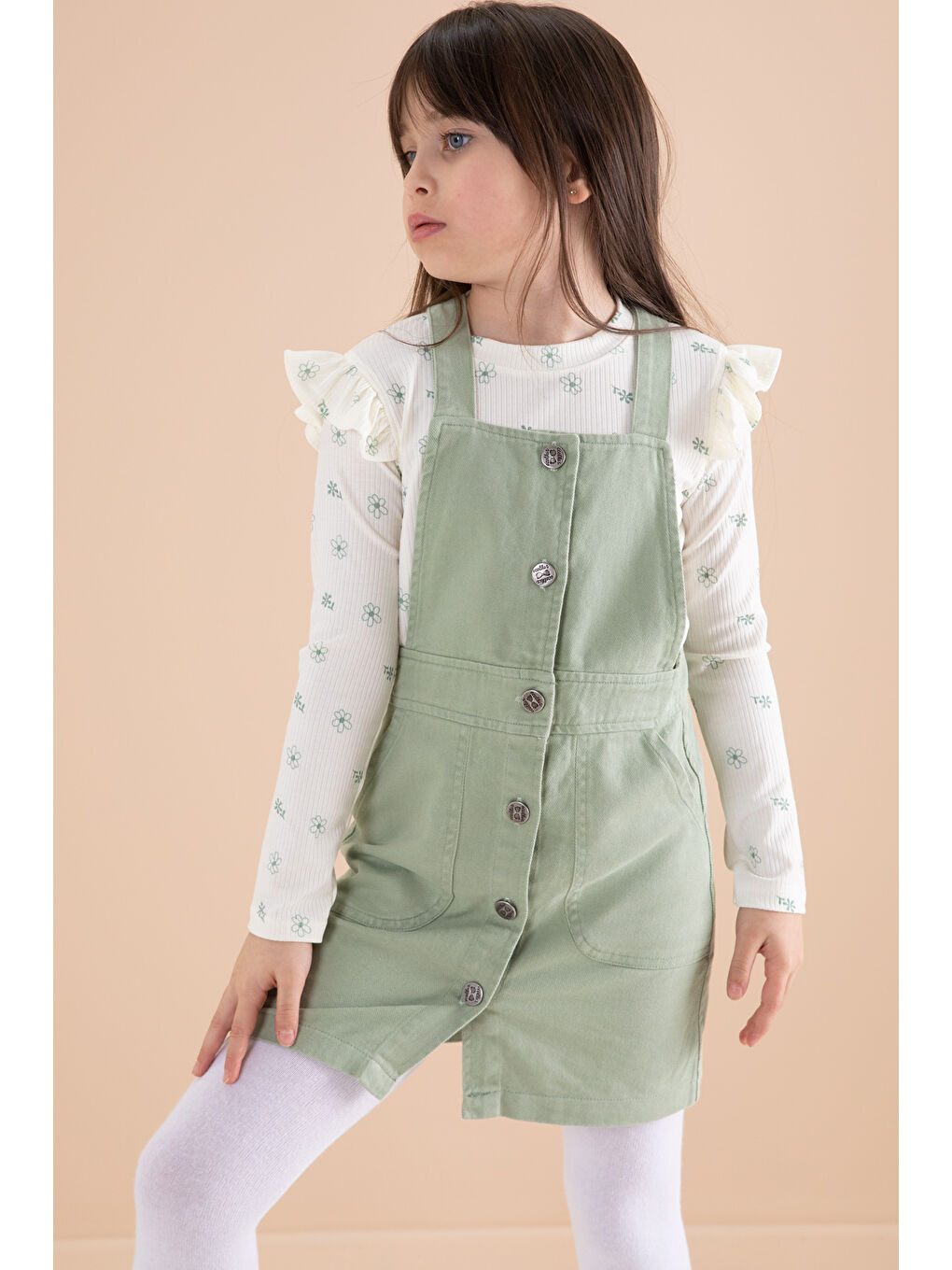 Yeşil Çiçek Desenli Badili 2li Kız Çocuk Salopet Takım 20182-4