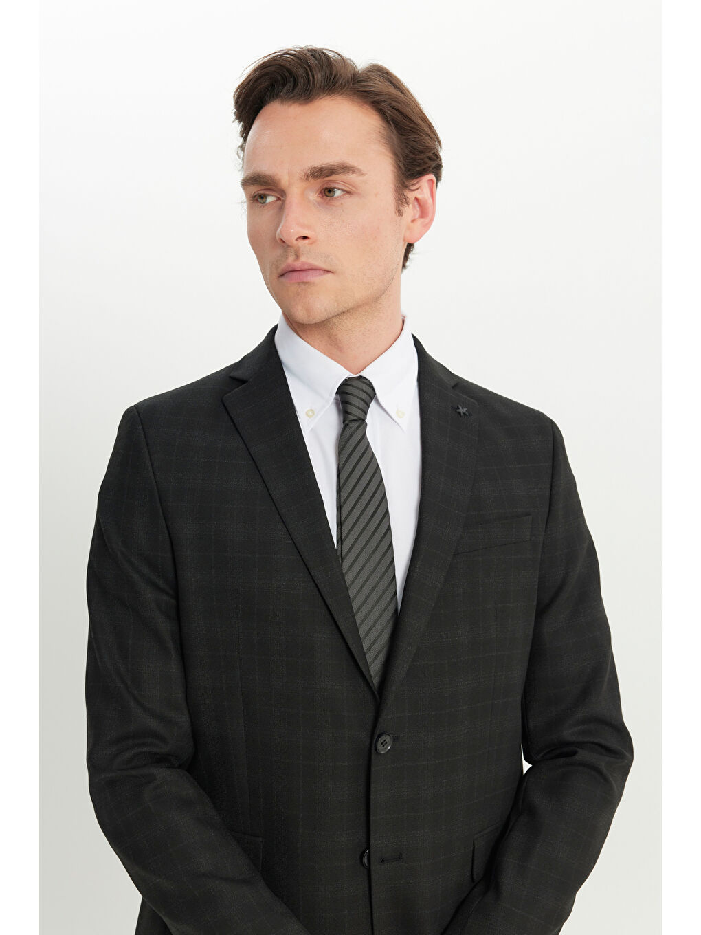 Erkek Siyah-Gri Yün Slim Fit Dar Kesim Mono Yaka Kapak Cepli Kareli Esnek Takım Elbise-4