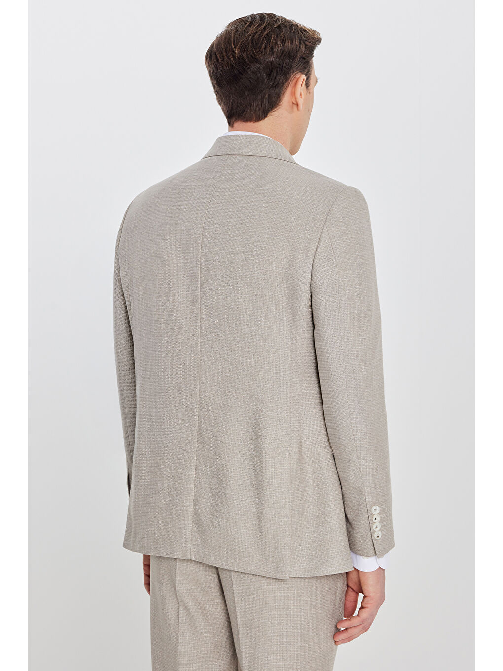 Erkek Bej Slim Fit Dar Kesim Kırlangıç Yaka Kapak Cepli Çizgili Takım Elbise-6