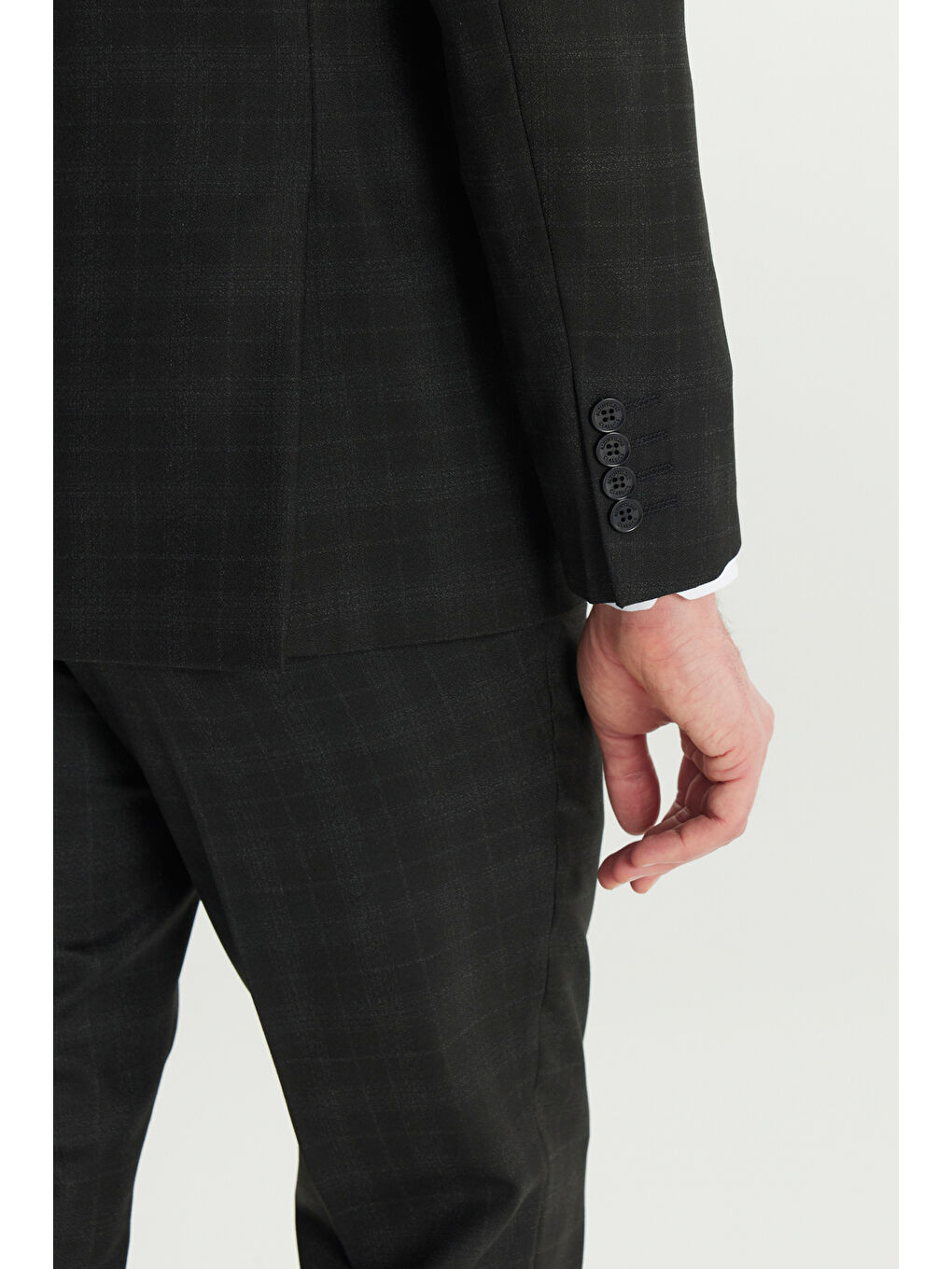 Erkek Siyah-Gri Yün Slim Fit Dar Kesim Mono Yaka Kapak Cepli Kareli Esnek Takım Elbise-6