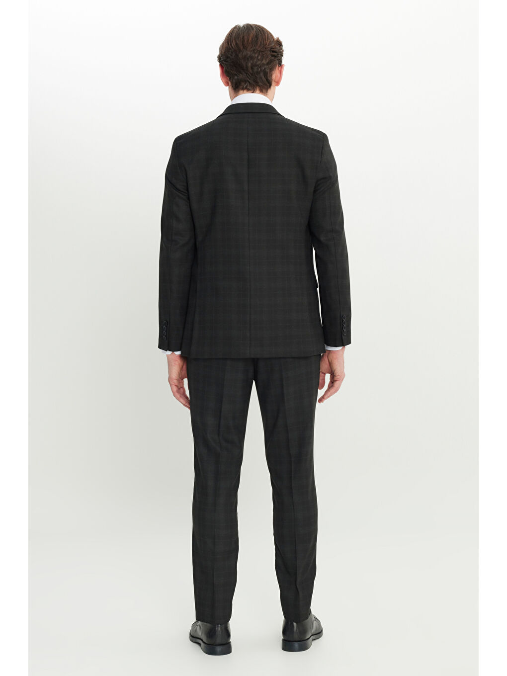 Erkek Siyah-Gri Yün Slim Fit Dar Kesim Mono Yaka Kapak Cepli Kareli Esnek Takım Elbise-7