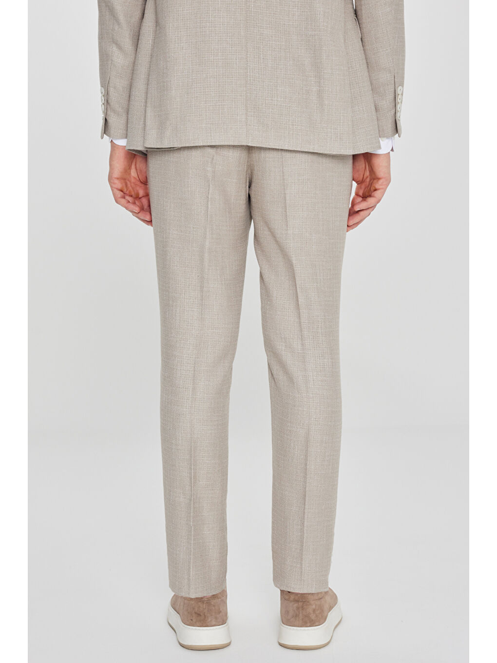 Erkek Bej Slim Fit Dar Kesim Kırlangıç Yaka Kapak Cepli Çizgili Takım Elbise-7