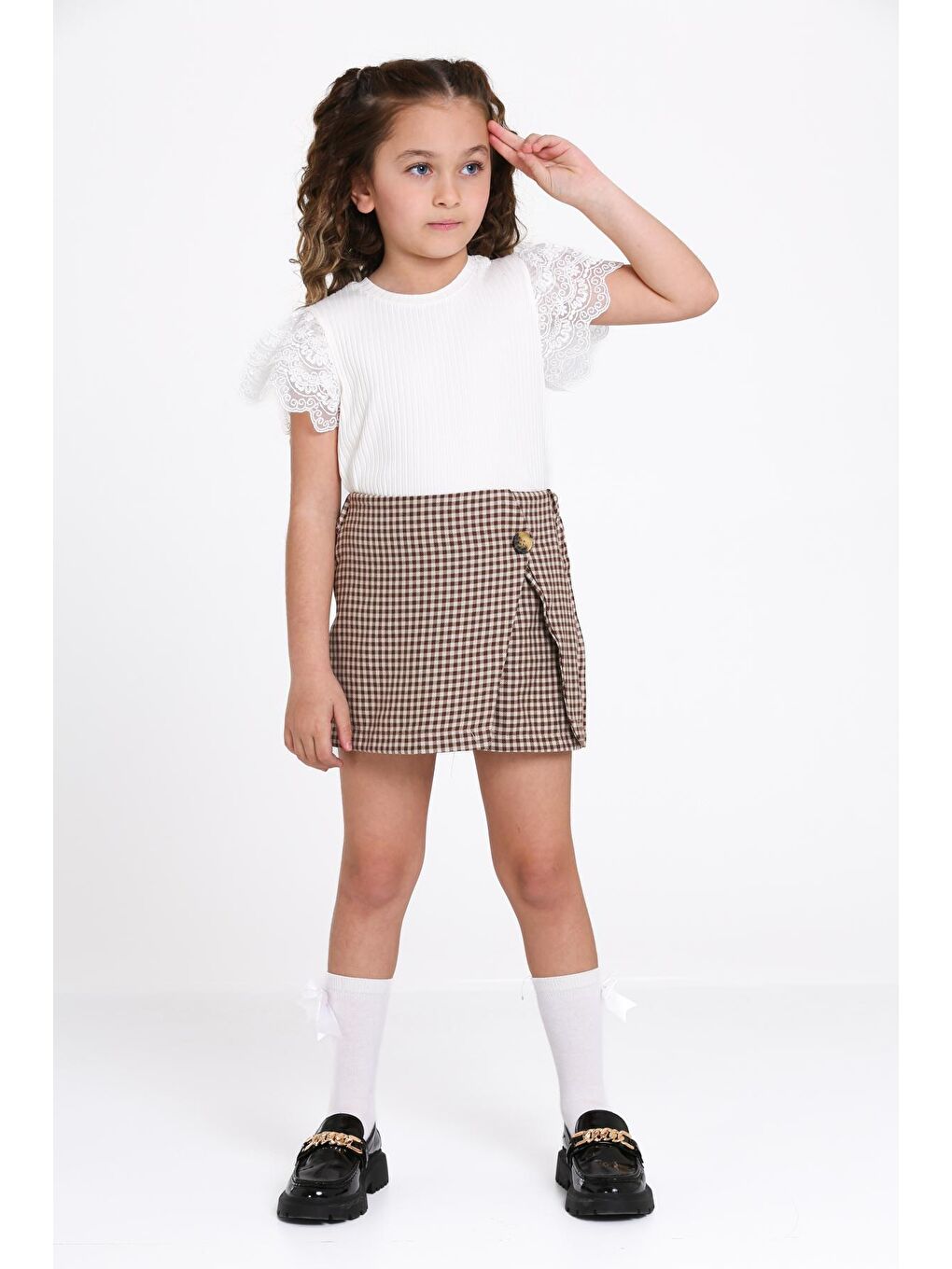 Kahverengi Kahve Dantel Kol Şort Etekli 5-9 Yaş Takım 2492-2
