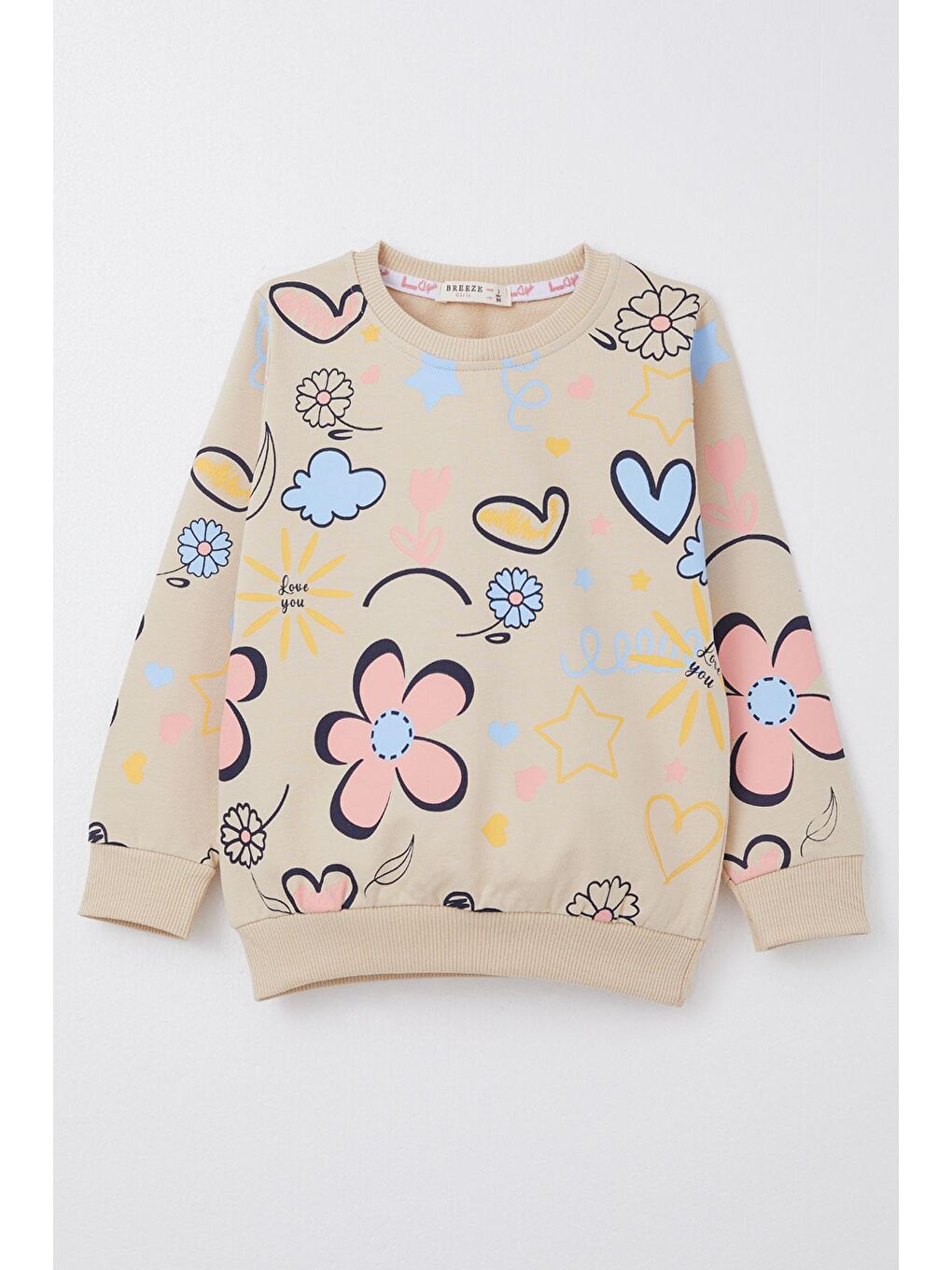 Kız Çocuk Sweatshirt Bahar Temalı Çiçek Desenli Bej (2 Yaş)