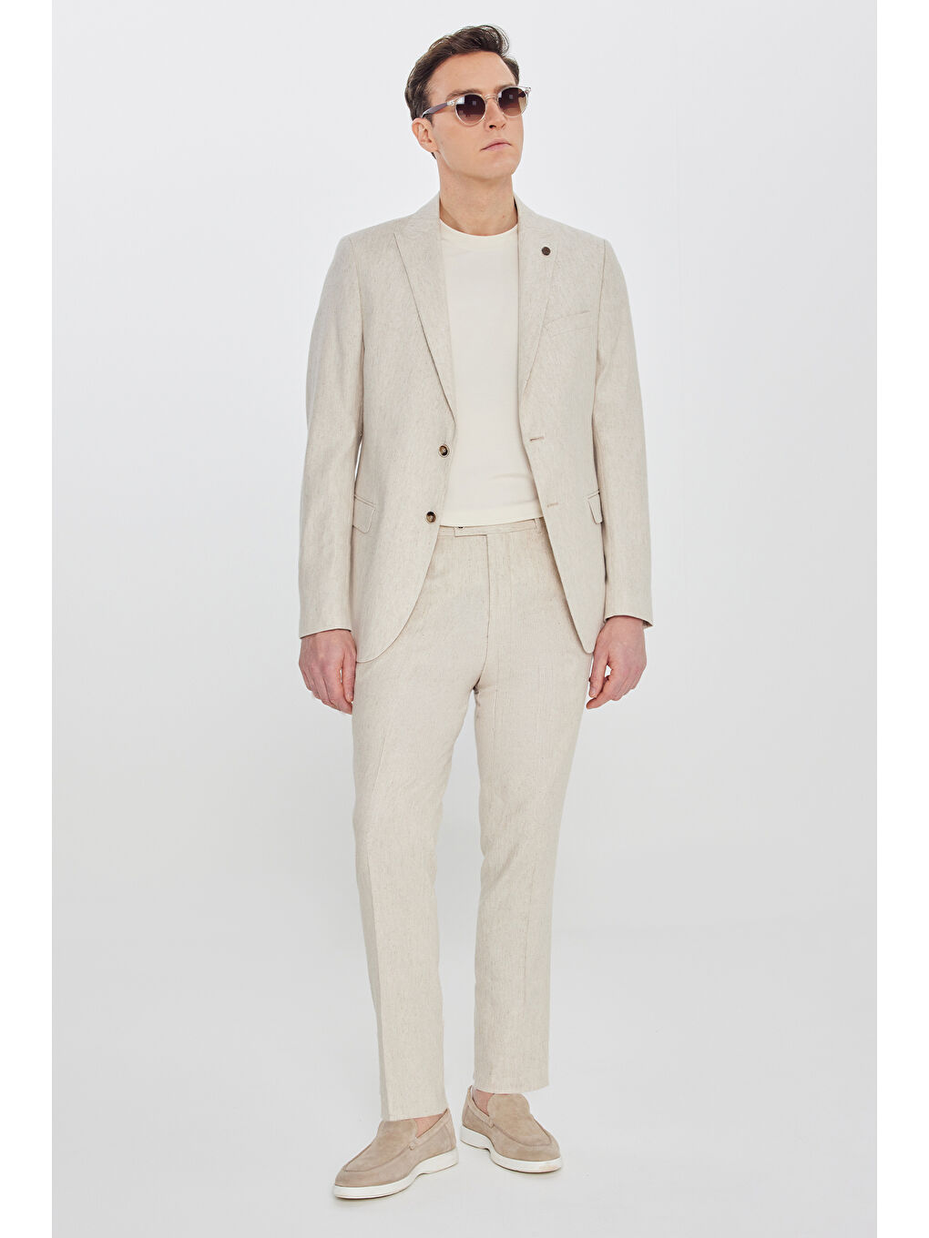 Erkek Bej Keten Slim Fit Dar Kesim Kırlangıç Yaka Esnek Takım Elbise