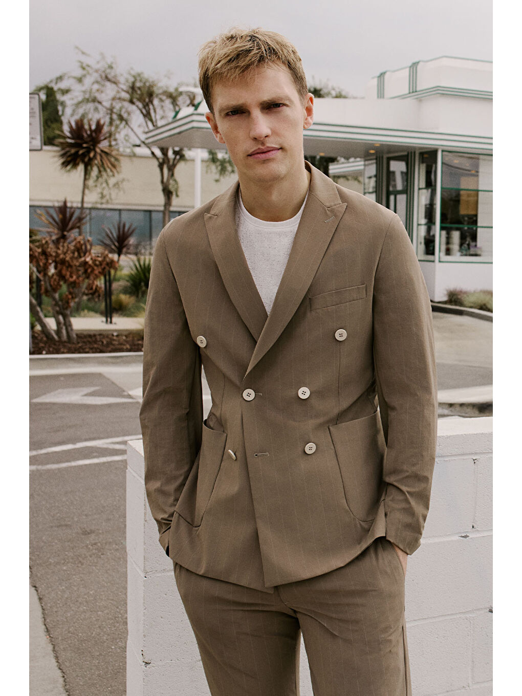 Bej Erkek Vizon Slim Fit Dar Kesim Kırlangıç Yaka Torba Cepli Çizgili Kruvaze Takım Elbise