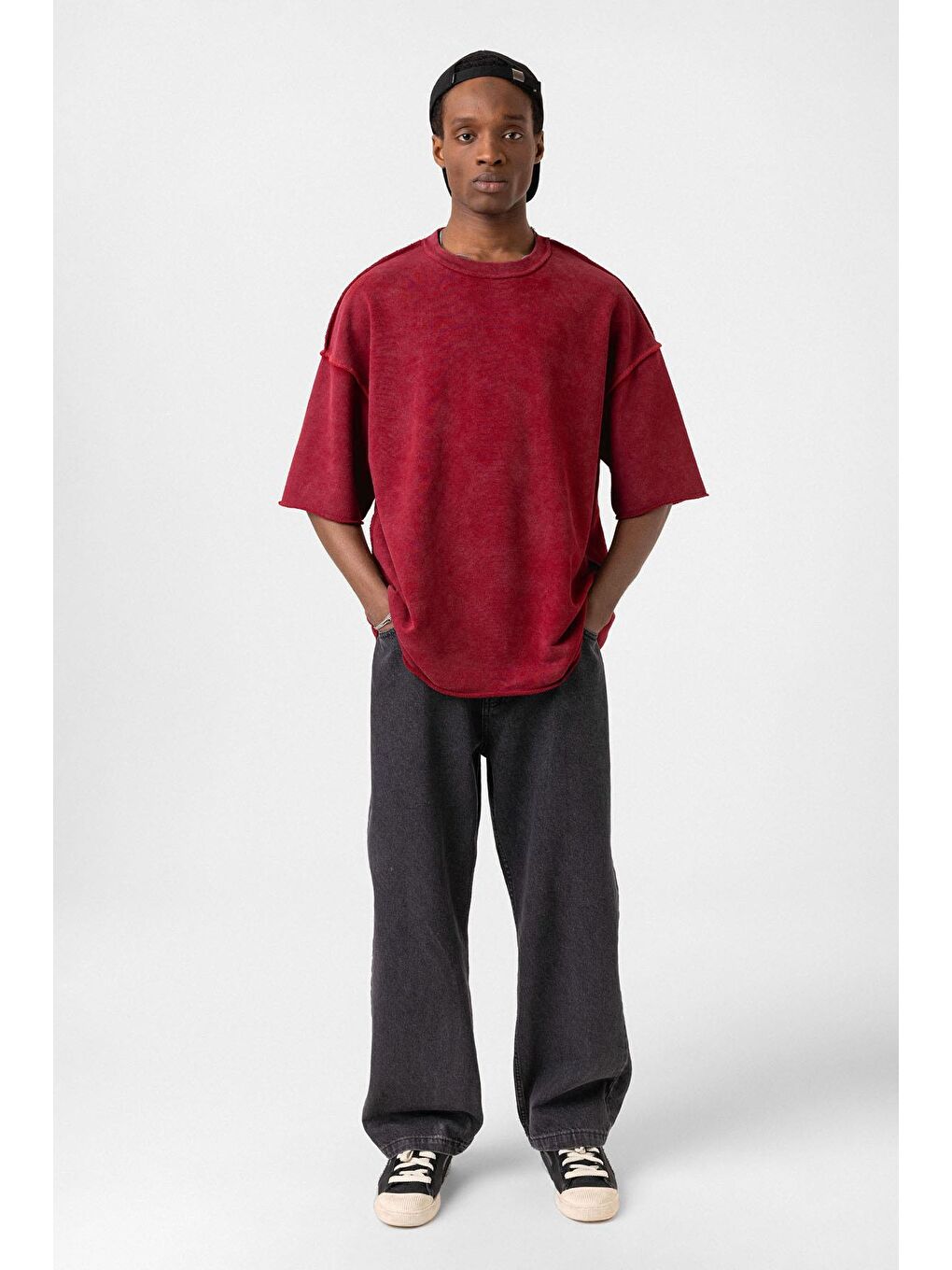 Yıkamalı Oversize Tişört Bordo