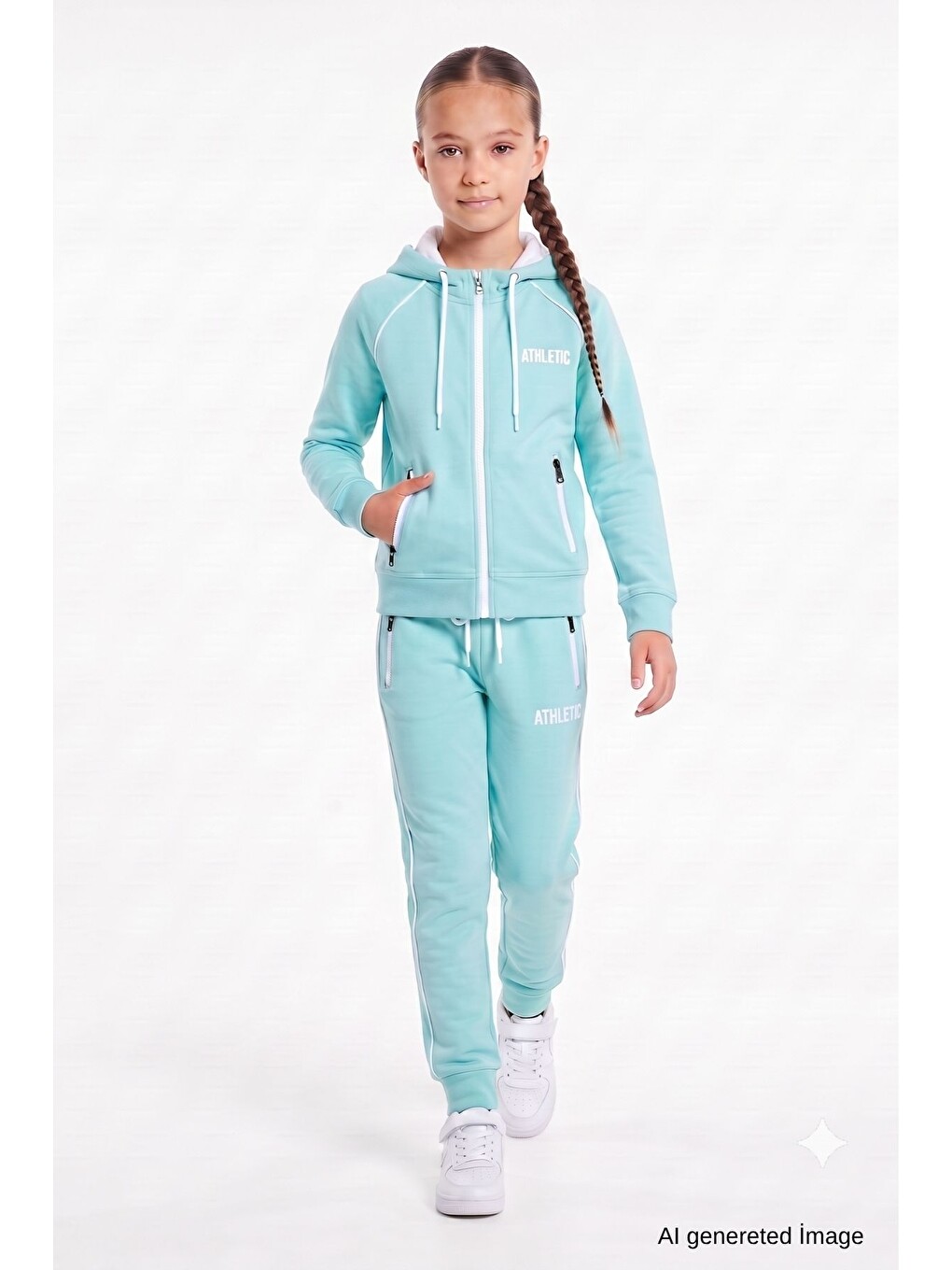 Turkuaz Kız Çocuk Scuba Atheletic Reglan Kol Kapüşonlu Dalgıç Kumaş Eşofman Takımı Esf7027-1