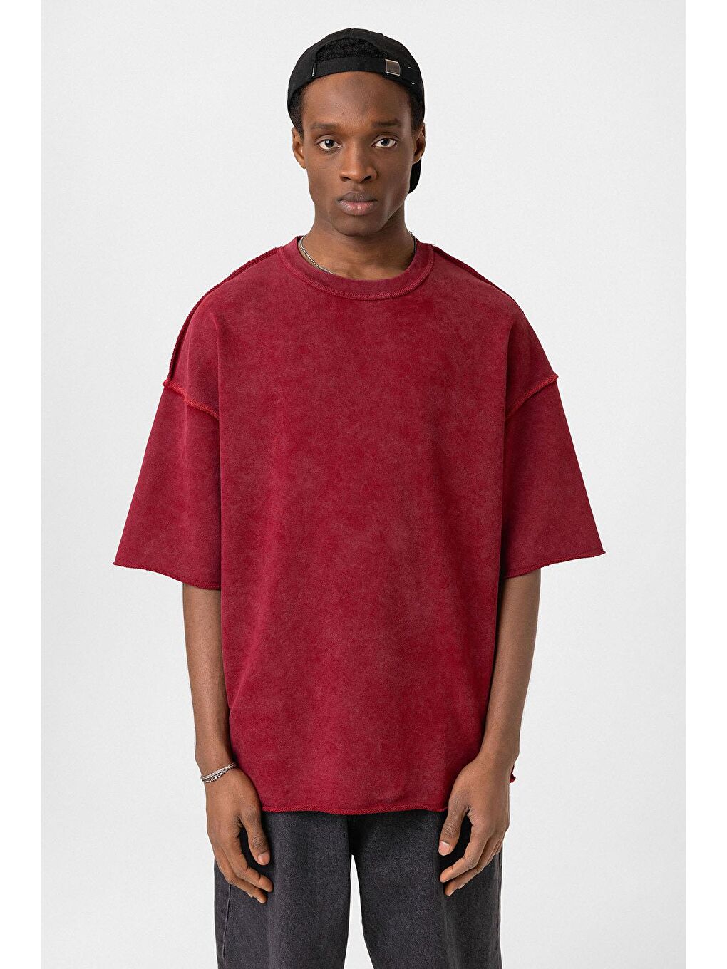 Yıkamalı Oversize Tişört Bordo-2
