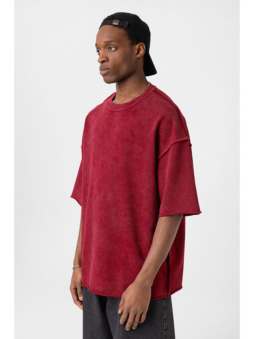 Yıkamalı Oversize Tişört Bordo-3