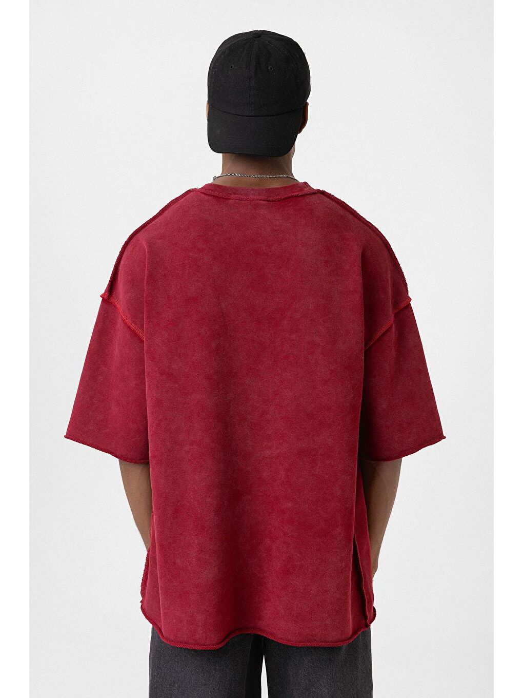 Yıkamalı Oversize Tişört Bordo-4