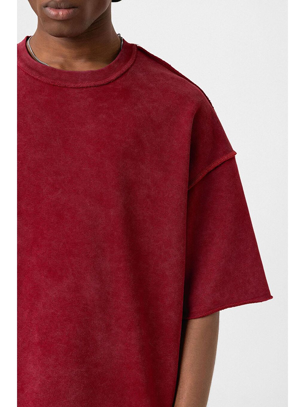 Yıkamalı Oversize Tişört Bordo-5